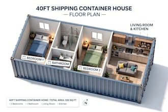design 40ft container house floor plan with 2d and 3d layout