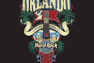 draw a vintage electric guitar logo and retro rock music t shirt design