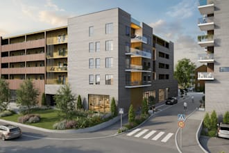 design apartment complex, multifamily housing, condo with realistic render