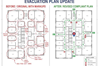 revise fire evacuation plans, update emergency exit maps and drawings for permit