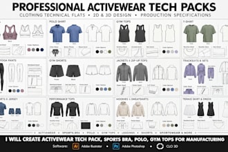 create activewear tech pack, sports bra, polo, gym tops for manufacturing