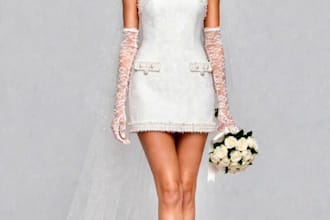 design pearl tweed white mini bridal dress with veil
