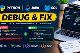 debug python, java or sql code and explain the fix