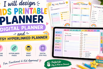 design kids printable planner, digital planner and etsy hyperlinked planner