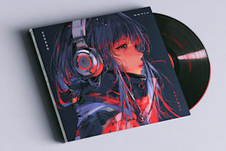 illustrate a city pop anime album cover with sunset skyline vibes