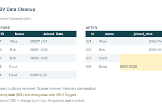 clean CSV data, remove duplicates and standardize formatting