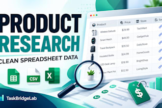 research products and organize data in excel or CSV