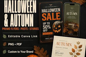 halloween and autumn promo flyers, posts and stories in canva