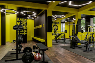 renovate gym interior design, workout spaces, fitness center isometric rendering