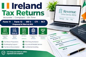 do ireland bookkeeping and prepare form 11, vat 3, ct1, rct tax returns via ros