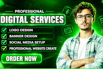 logo design, social media setup and website design