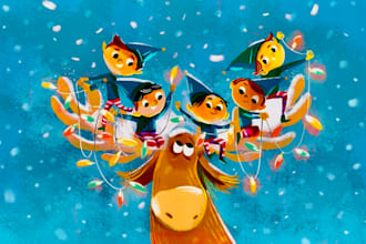 draw a whimsical christmas illustration and storybook holiday art