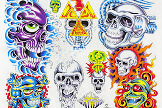 design a colorful custom skull tattoo logo and unique tattoo artwork