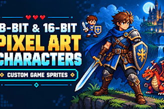 create 8bit and 16bit pixel art characters and game sprite designs