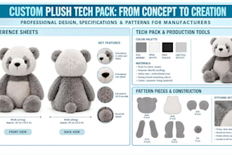 create custom plush reference sheet plushie stuffed animal toy design tech pack