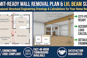 create permit ready load bearing wall removal plans and lvl beam sizing