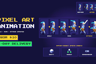 animate pixel art walk run attack sprites for unity godot and gamemaker