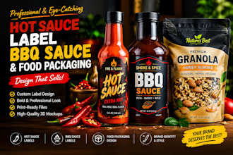 design a bold hot sauce label, BBQ sauce label and food packaging