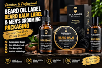 design a premium beard oil label, bottle and box packaging