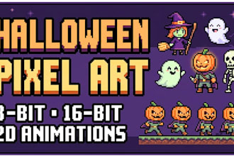 design halloween 8 bit 16 bit 2d pixel art character sprite sheet, animations