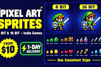 design 8 bit and 16 bit pixel art sprites for indie games