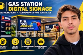 create gas station digital signage, fuel promotion, convenience store screen ads