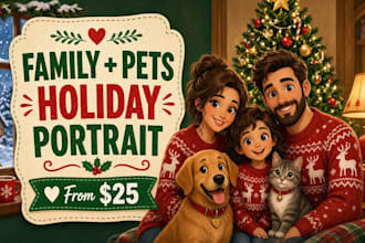 create a family and pets cartoon portrait for holiday cards