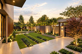 design a modern backyard garden and patio with realistic 3d renders
