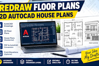 redraw floor plans and create 2d autocad house plans