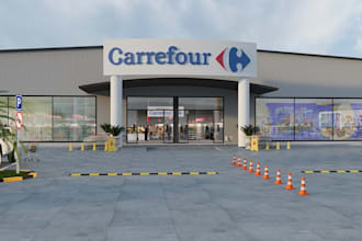 remodeler commercial supermarket building, outdoor parking lot,3d retail design