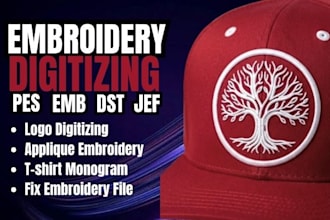 3d puff embroidery digitizing for caps logo, hats, apparel in dst, pes, jef, vp3