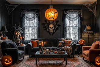 design 3d halloween interior design, spooky room decoration, party space