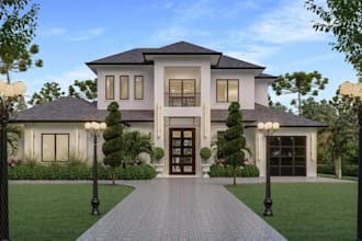 design luxury 3d exterior building,custom house rendering,front driveway,garden