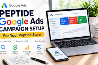 set up peptide google ads campaigns, facebook ads, compliance peptide website