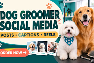 create 12 branded social media content with captions for dog groomers