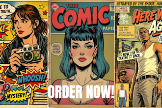 draw retro vintage comic illustration, vintage art, horror comics book, pop art