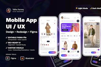do mobile app ui ux design in figma, app redesign and onboarding screens