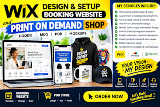design wix booking website setup wix print on demand hoody mug pod shop mockups