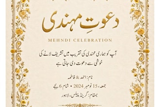 design luxury urdu shadi card, baraat walima mehndi invitation