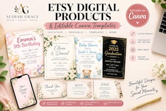 design etsy digital products and editable canva invitation templates