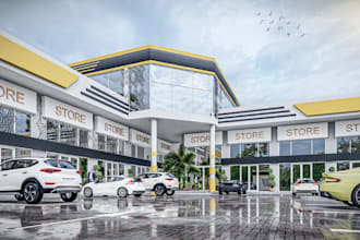 visualize commercial building, retail store front design, parking layout render