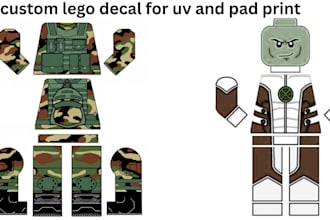 design lego minifigure, minifigure decals, stickers for uv and pad printing
