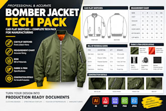 design a bomber jacket tech pack with cad flat sketches for manufacturing