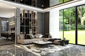 update3d residential villa interior,lshaped sofa,dining set,indoor garden render