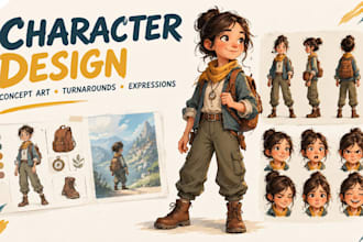 do character design concept art with poses, turnaround and expression sheets