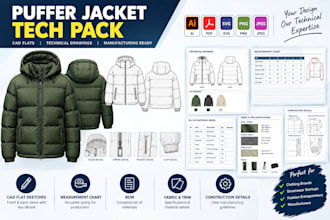 create your puffer jacket tech pack with cad flats for factory production