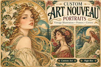 create a custom art nouveau portrait and vintage illustration