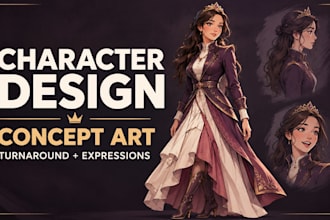 draw hand drawn character concept art with turnaround and expression sheet