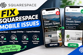 fix squarespace mobile issues, menu errors, layout problems