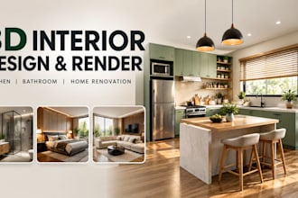 design 3d interior and lifelike render for kitchen, bathroom and home renovation